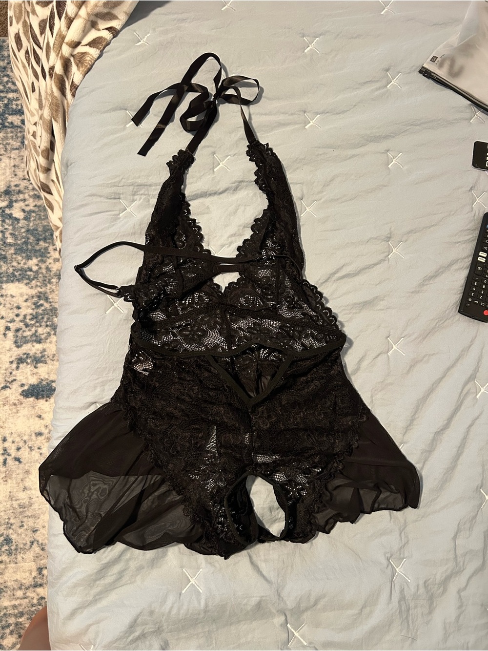 Black Lace Halter Teddy Bodysuit - Women Intimates • Med •